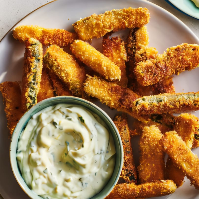 Crispy fried zucchini sticks with a side of creamy ranch dipping sauce on a white plate.