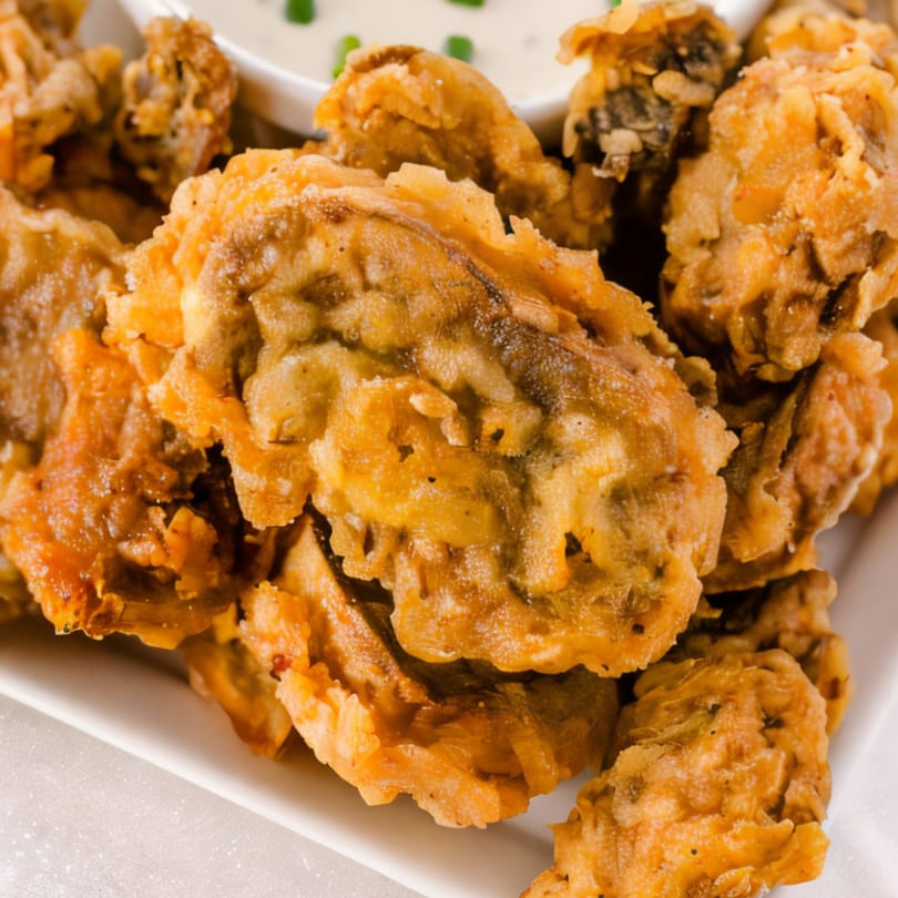 Close-up of golden-brown fried mushrooms with a side of creamy dipping sauce, garnished with chives.