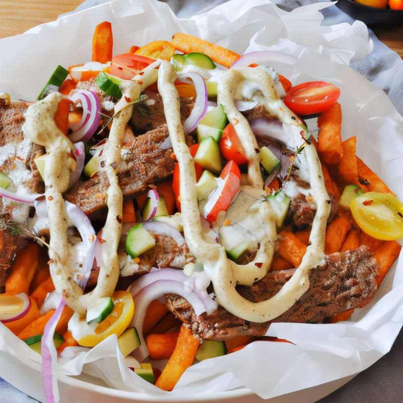 A close-up of CHICAGOland Hotdogs & More's loaded fries with meat, vegetables, and sauce.