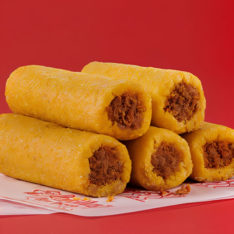 A stack of five yellow tamales with brown meat filling, on a white paper with red designs.
